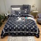 Luxury LV-Inspired Bedding Set - Navy Blue with Silver Accents