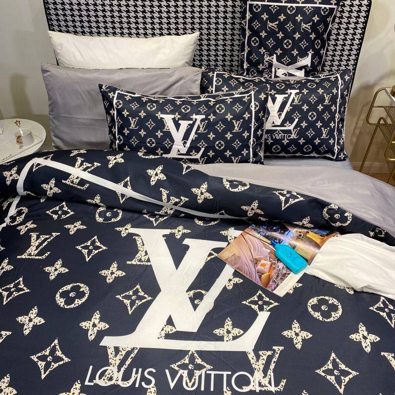 Luxury LV-Inspired Bedding Set - Navy Blue with Silver Accents