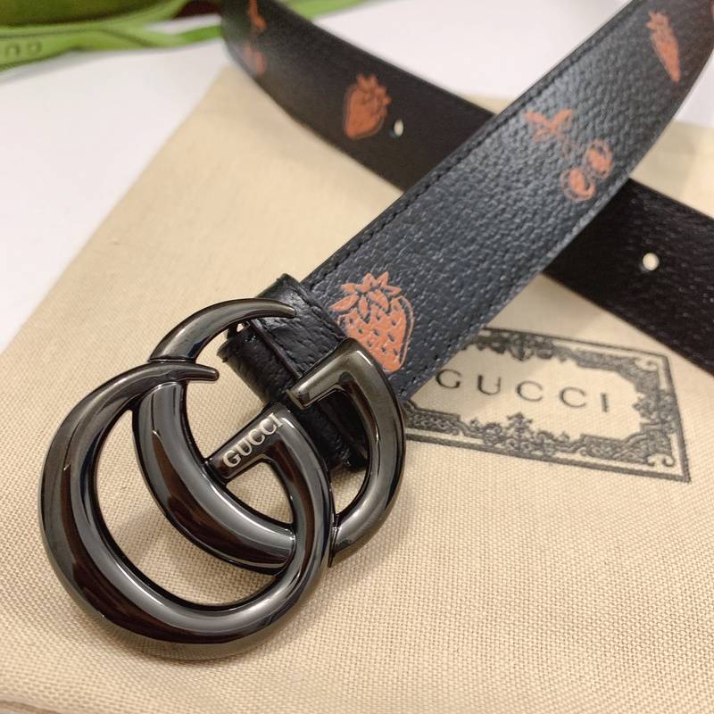 Gucci Belt - Double G Buckle, Black Leather with Orange Floral Embroidery