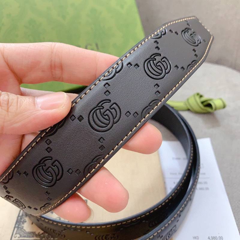 Gucci Style Black Leather Belt with Double G Embossed Pattern - High-End Fashion Accessory