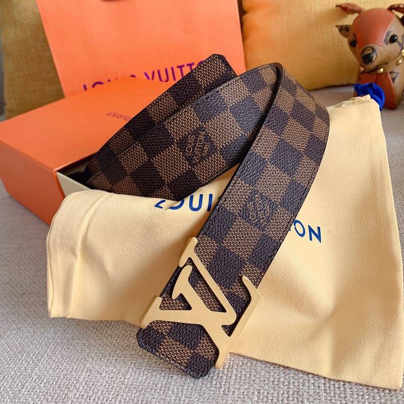 LV Inspired Check Pattern Belt - Gold Buckle, Luxury & Style