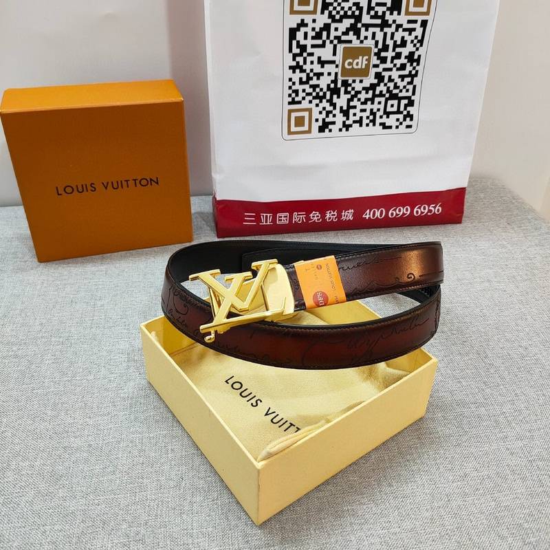 LV Brown Leather Belt with Gold Buckle - A Classic Luxury Accessory