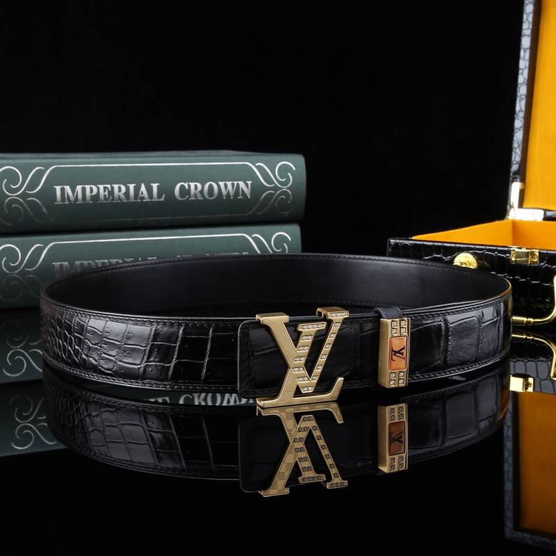 Luxury Black Crocodile Leather Belt with Gold LV Buckle - Exquisite Design