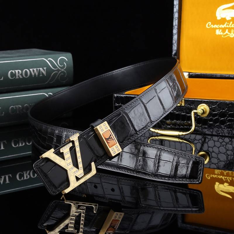 Luxury Black Crocodile Leather Belt with Gold LV Buckle - Exquisite Design