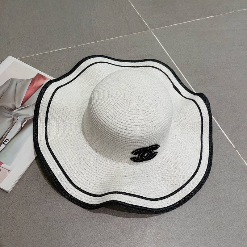 Chanel Classic White Wide Brim Straw Hat with Fashion Logo, Summer Essential