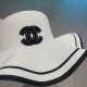 Chanel Classic White Wide Brim Straw Hat with Fashion Logo, Summer Essential