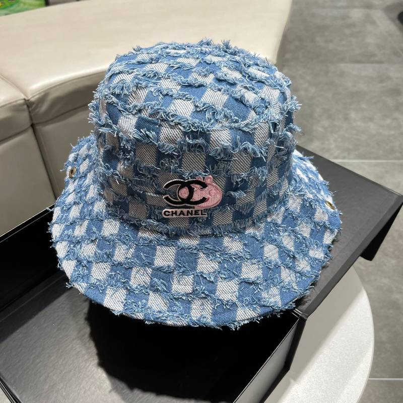 Chanel Blue Check Pattern Bucket Hat with Classic Double C Logo, High-End Fashion