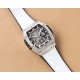 Modern Elegance | Silver Skeleton Watch with White Leather Strap