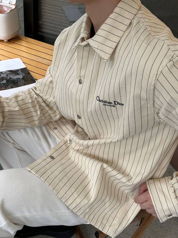 Dior Embroidered Apricot Denim Shirt - Striped Design - Premium Quality