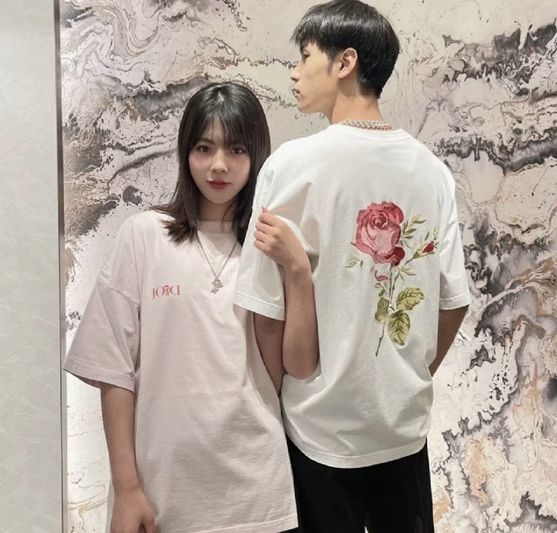 DIOR Trendy Rose Pattern Logo Embroidered Short Sleeves - Size Guide Included