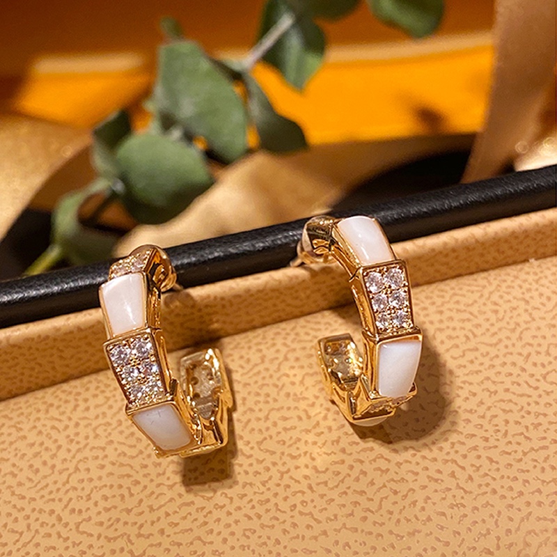 Bvlgari Gold Hoop Earrings with White Enamel and Diamonds