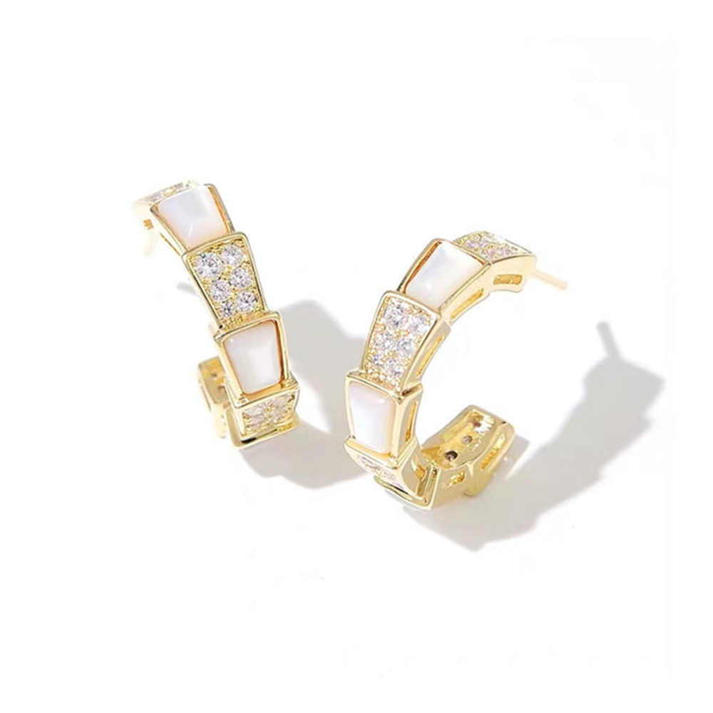 Bvlgari Gold Hoop Earrings with White Enamel and Diamonds