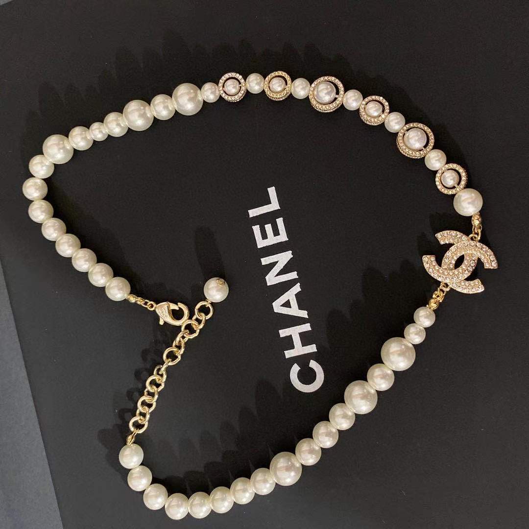 Chanel-Inspired Pearl Necklace - CC Logo with Crystal Accents