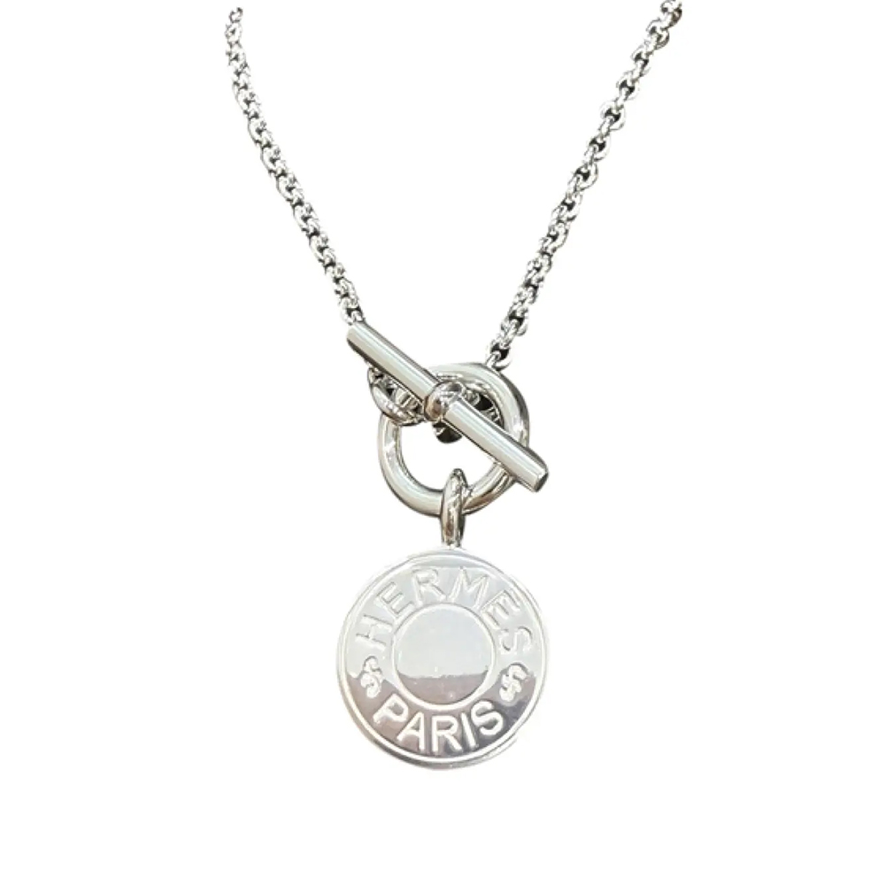 Hermès Elegance: Silver 'H' Disc Pendant Necklace