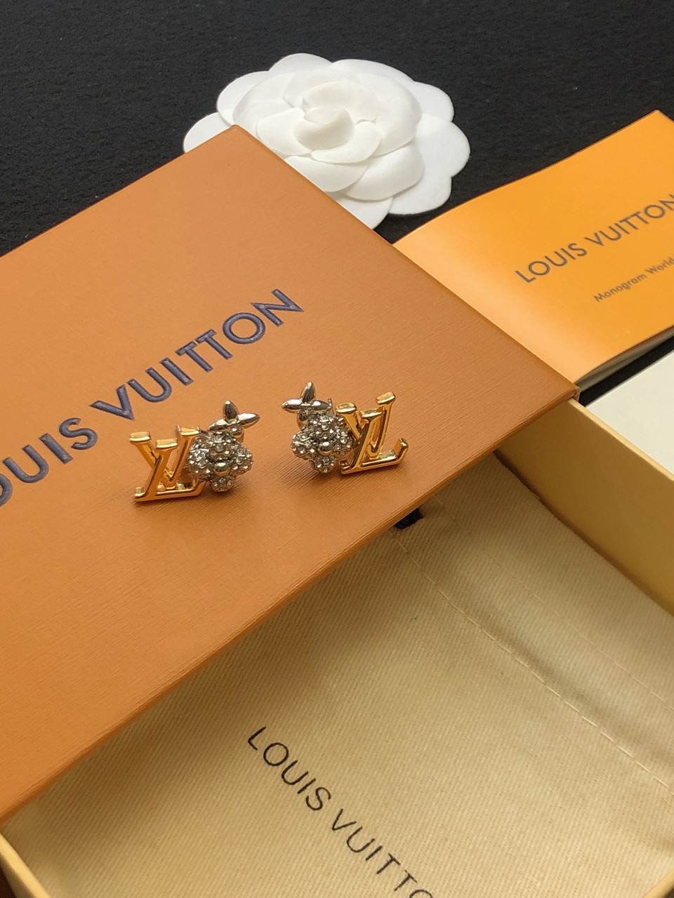 LV Inspired Crystal Earrings - Gold Tone, Perfect for Any Occasion