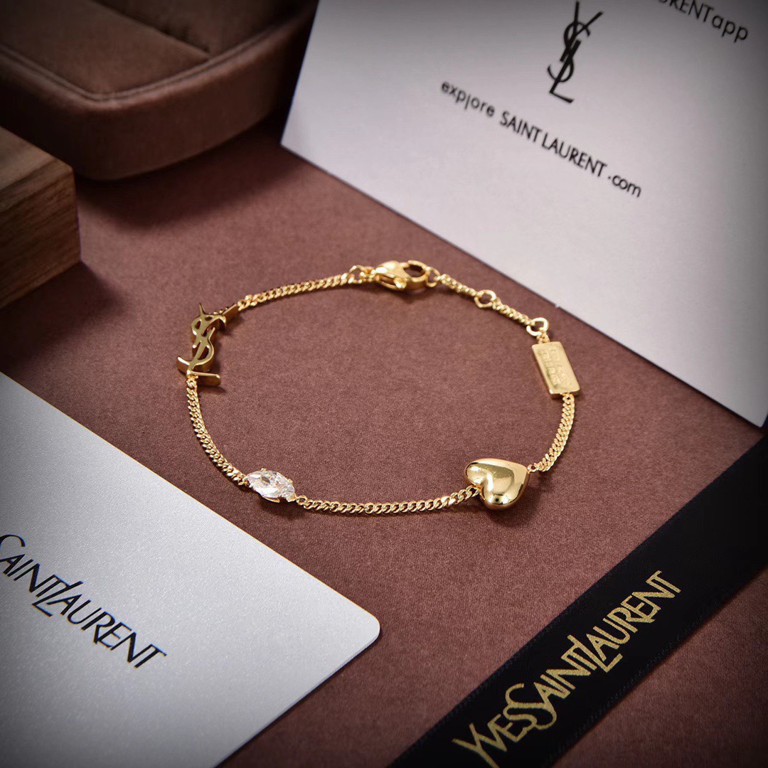 Trendy Gold Bracelet - Saint Laurent Inspired, Heart & Crystal Charms