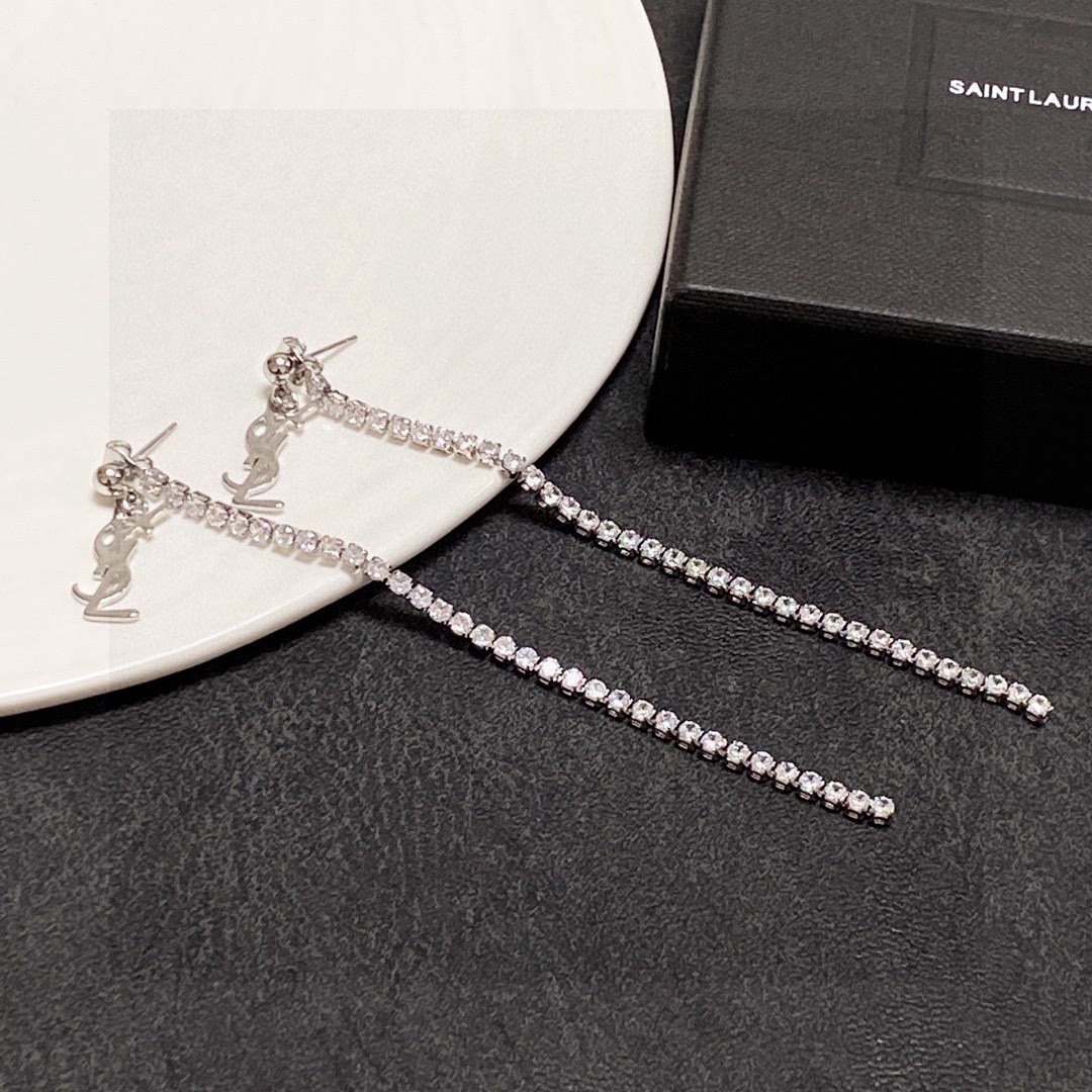 SaintLaurentEarrings - Crystal Chain, Silver Tone, Luxury Accessory