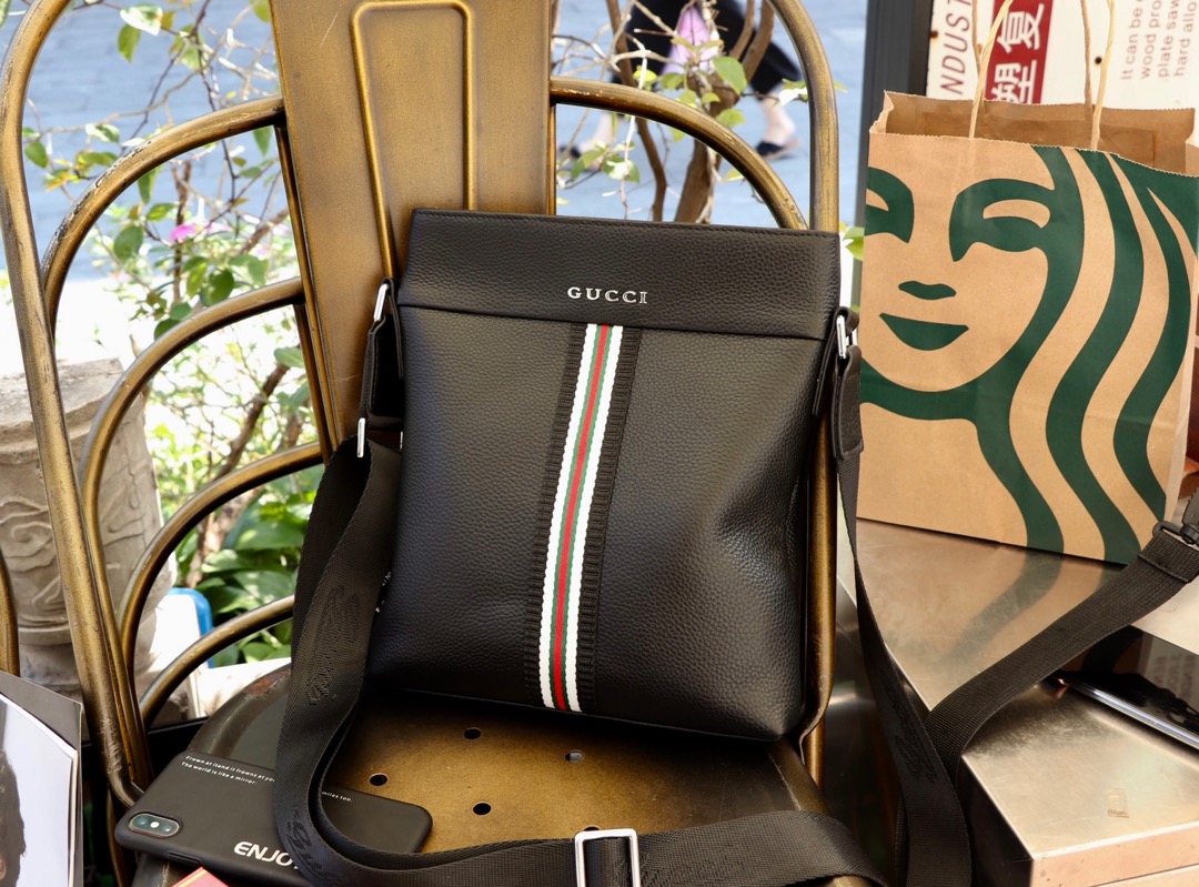 Gucci-Inspired Black Leather Crossbody Bag - Striped Elegance