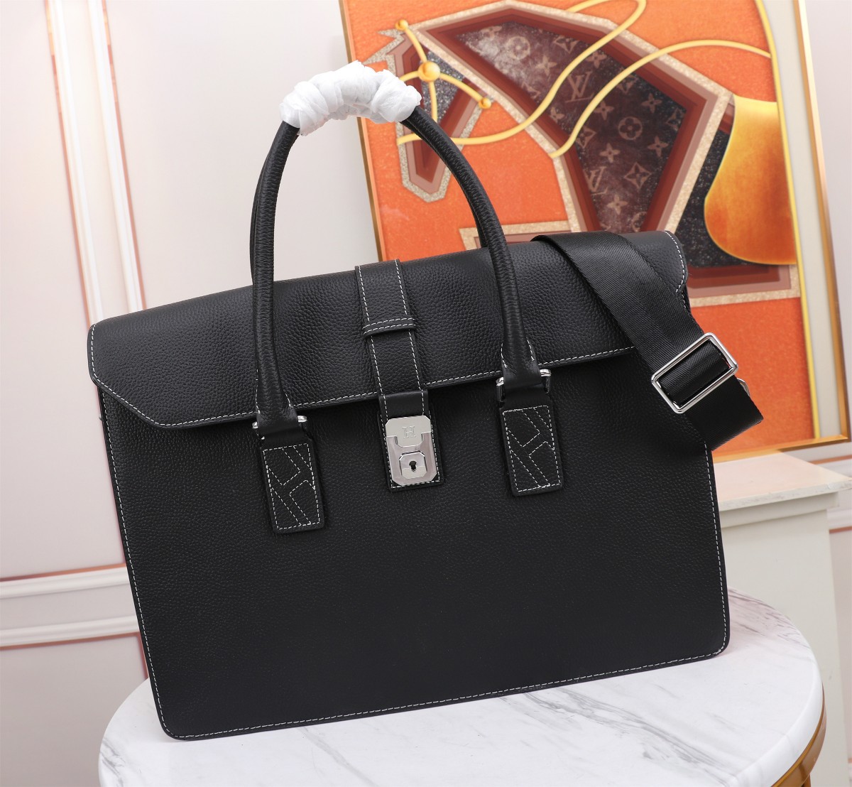 Hermès Black Leather Satchel | Luxury Lock Detail |