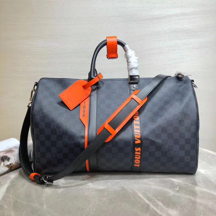 LV Checkered Duffle Bag - Stylish Orange Accents