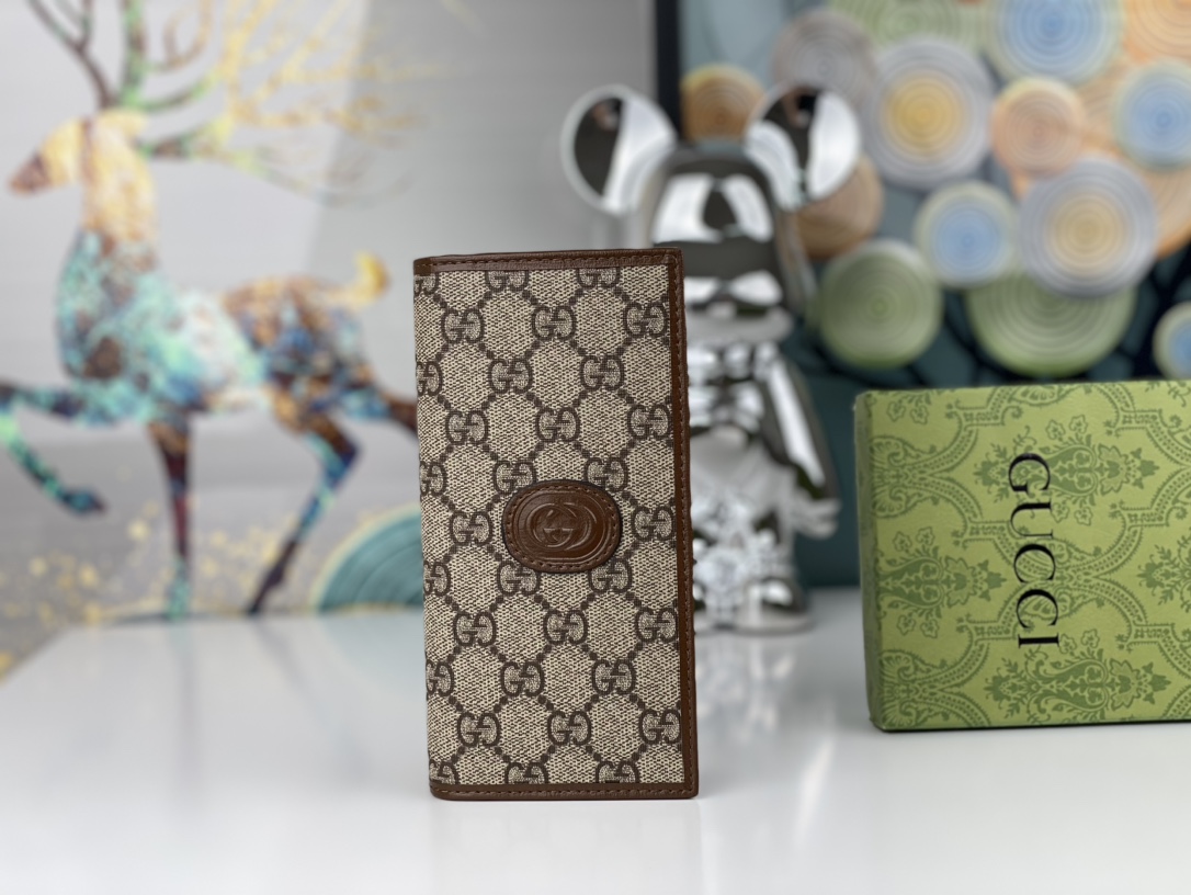 Gucci Beige GG Pattern Wallet - Brown Leather Trim, GG Logo